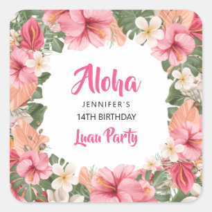 Sticker Carré Fête Aloha Hawaïenne Tropicale Hibiscus Luau