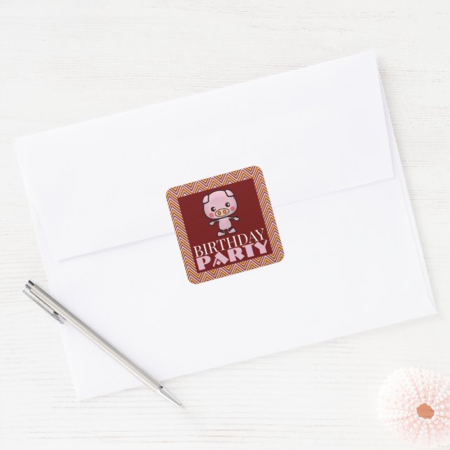 Sticker Carré Fête Animal Piglet, Chevron Anniversaire (Enveloppe)
