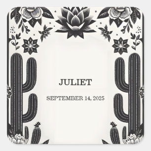 Sticker Carré Fête Cactus Amour en Fleur Mariage Mexicain pour E