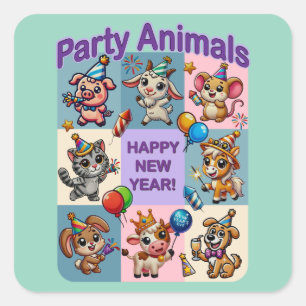 Sticker Carré Fête d'animaux "Bonne année"