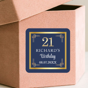 Sticker Carré Fête d'anniversaire 21 ans Elegant Blue Gold