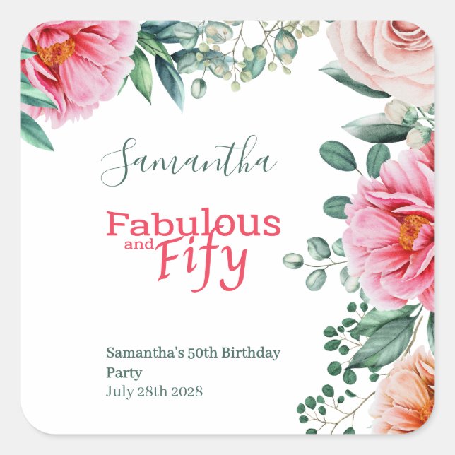Sticker Carré Fête d'anniversaire 50 ans Floral Aquarelle Rose (Devant)