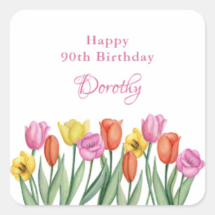 Sticker Carré Fête d'anniversaire 90 ans aux tulipes aquarelles