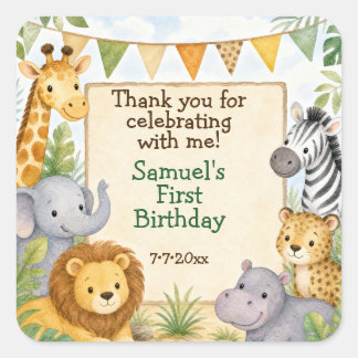 Sticker Carré Fête d'anniversaire animaux de safari aquarelle Me