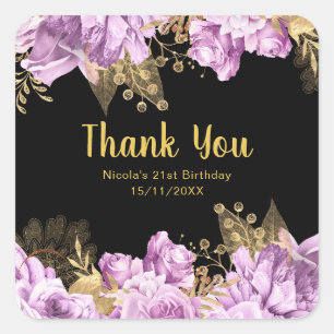 Sticker Carré Fête d'anniversaire aux élégantes fleurs lilas et
