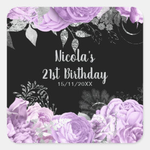Sticker Carré Fête d'anniversaire aux fleurs de lilas et argent