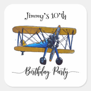 Sticker Carré Fête d'anniversaire avec biplan bleu et jaune