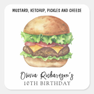 Sticker Carré Fête d'anniversaire Burger Aquarelle
