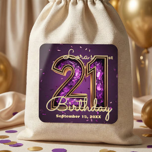 Sticker Carré Fête d'anniversaire de 21 ans élégante et scintill