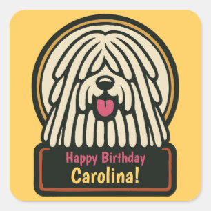 Sticker Carré Fête d'anniversaire de Chien Shaggy Blanc