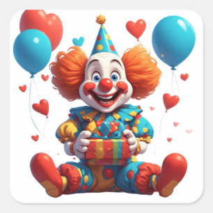 Sticker Carré Fête d'anniversaire de clown mignon avec cadeau 🎁