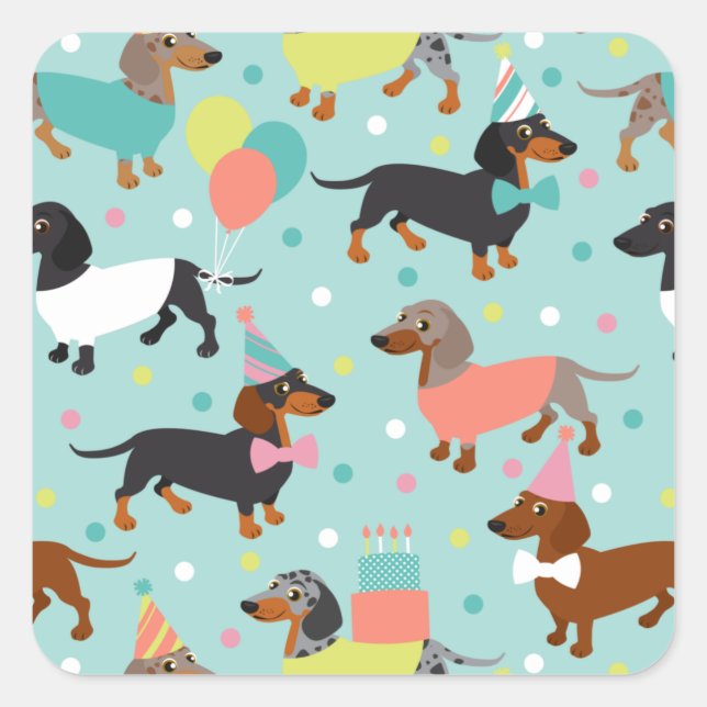 Sticker Carré Fête d'anniversaire de Dachshund (Devant)
