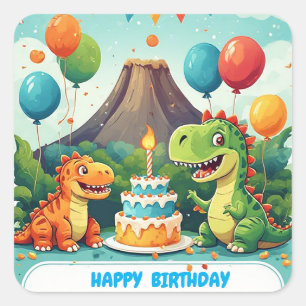 Sticker Carré 🎉 Fête d'anniversaire de dinosaure mignon pour le