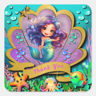 Sticker Carré Fête d'anniversaire de fille sirène & sous la mer