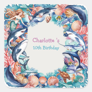 Sticker Carré fête d'anniversaire de la baleine de requin-sirène