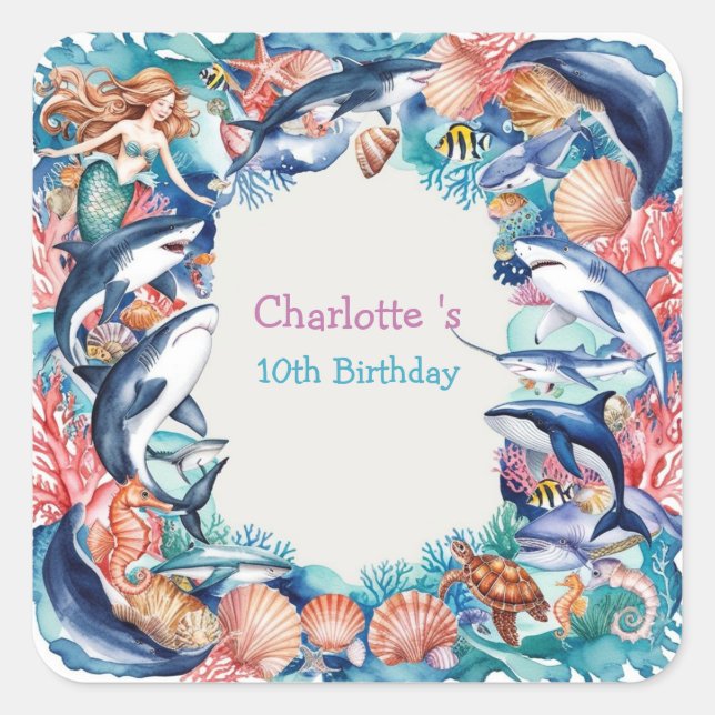 Sticker Carré fête d'anniversaire de la baleine de requin-sirène (Devant)