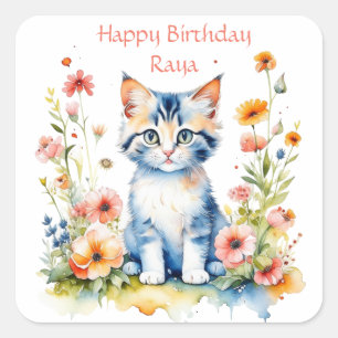 Sticker Carré Fête d'anniversaire de la petite chatte personnali