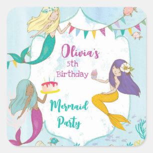 Sticker Carré Fête d'anniversaire de la Sirène Whimsical