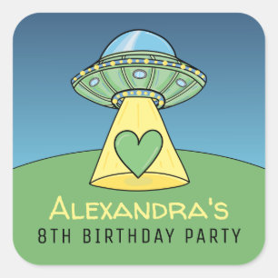 Sticker Carré Fête d'anniversaire de l'Alien OVNI vert