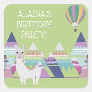 Sticker Carré Fête d'anniversaire de l'alpaga de l'enfant couleu