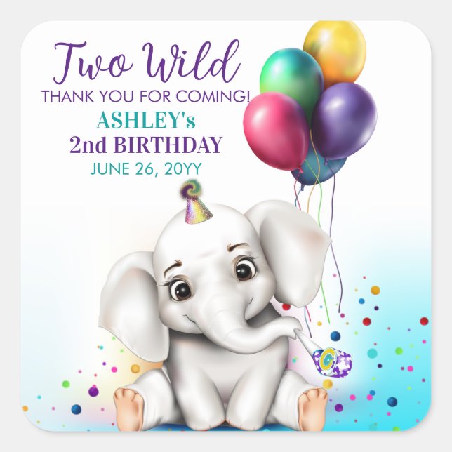 Sticker Carré Fête d'anniversaire de l'éléphant mignon (Devant)