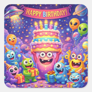 Sticker Carré Fête d'anniversaire de monstre spatial coloré avec