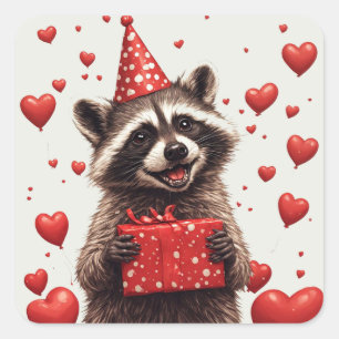 Sticker Carré 🎂 Fête d'anniversaire de raton laveur avec ballon