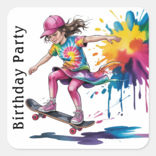 Sticker Carré Fête d'anniversaire de skateboard de fille peinte 