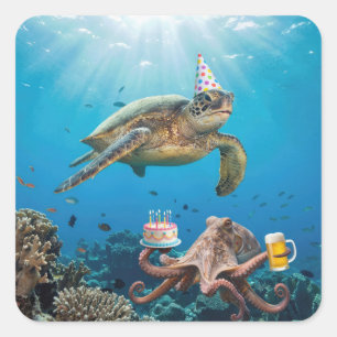 Sticker Carré Fête d'anniversaire de tortue marine avec pieuvre