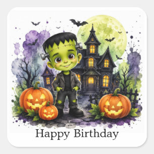 Sticker Carré Fête d'anniversaire d'Halloween pour un garçon ave