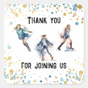 Sticker Carré Fête d'anniversaire d'hiver des filles de patinage