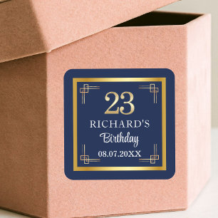 Sticker Carré Fête d'anniversaire élégante Bleu Or 23 ans