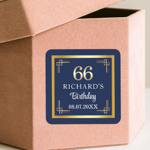Sticker Carré Fête d'anniversaire élégante Bleu Or 66 ans