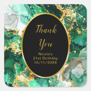 Sticker Carré Fête d'anniversaire en Agate Marbre Vert Emeraude