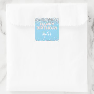 Sticker Carré Fête d'anniversaire en argent bleu clair Favoriser