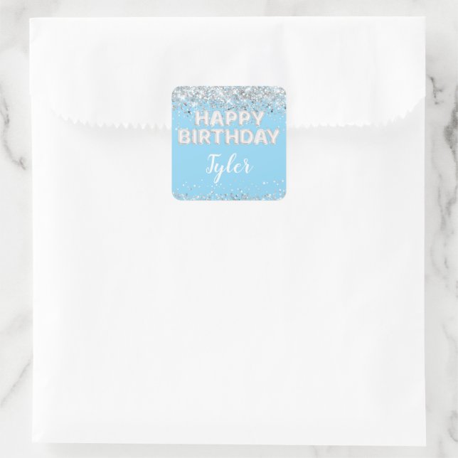 Sticker Carré Fête d'anniversaire en argent bleu clair Favoriser (Sac)