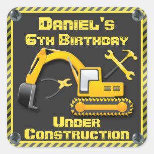 Sticker Carré Fête d'anniversaire en construction personnalisé