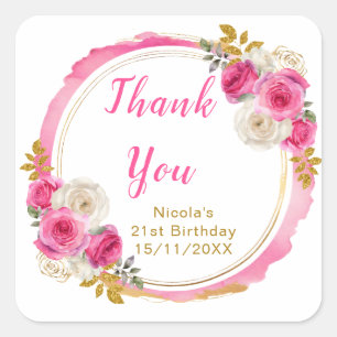 Sticker Carré Fête d'anniversaire Fleurs Élégantes Rose Chaud et