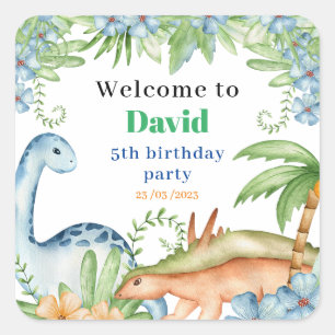 Sticker Carré Fête d'anniversaire florale Dinosaur bleu et vert