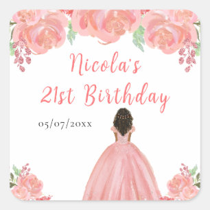 Sticker Carré Fête d'anniversaire florale rose Princesse à peau