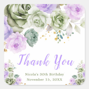 Sticker Carré Fête d'anniversaire florale verte sauge et violett