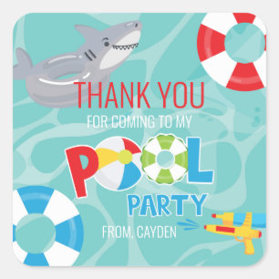 Sticker Carré Fête d'anniversaire garçon piscine fête requin mer