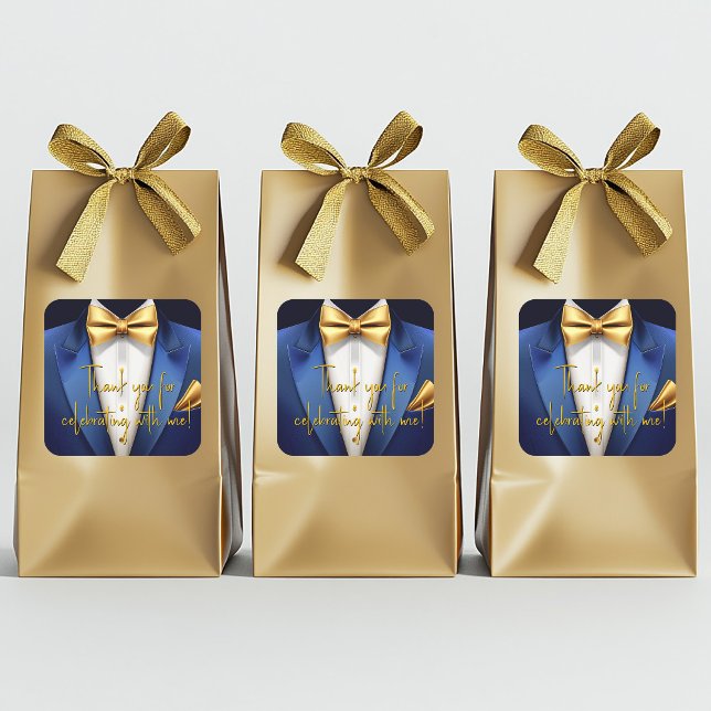 Sticker Carré Fête d'anniversaire Mens Blue Gold (Blue gold tuxedo favor bag  stickers. Add your text, logo, photo, etc., to personalize. 2 Sizes.)