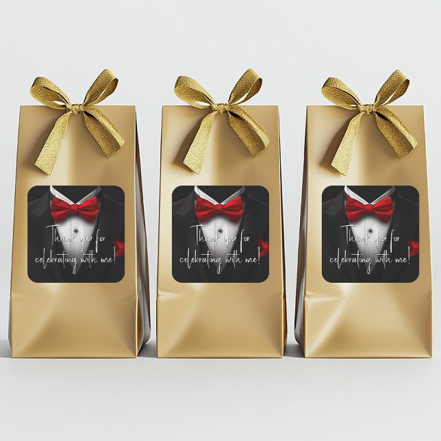 Sticker Carré Fête d'anniversaire Mens Red Black (Red and black birthday party and event stickers with tuxedo and red bow tie. Add your text.)