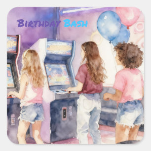 Sticker Carré Fête d'anniversaire néon aquarelle pour enfants