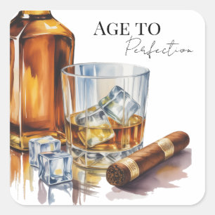 Sticker Carré Fête d'anniversaire pour hommes au Whiskey et Ciga