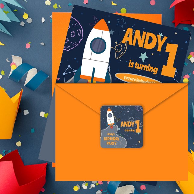 Sticker Carré Fête d'anniversaire pour un premier anniversaire d (Gender Neutral Outer Space First Birthday Party Square Sticker)