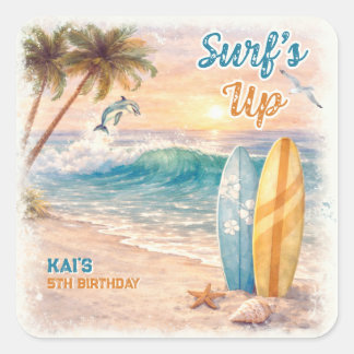 Sticker Carré Fête d'anniversaire rétro sur la plage Surf's Up