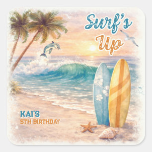 Sticker Carré Fête d'anniversaire Rétro Surf à la plage