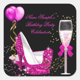 Sticker Carré Fête d'anniversaire rose chaud or paillettes noir